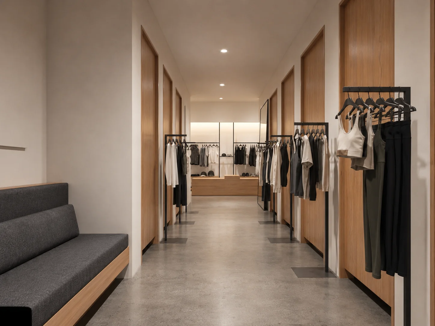 Alo Stanford Fitting Room Corridor. Alo, Stanford Shopping Center. Interior design by HAR Design Studio, 3D visualization by Rendimension.