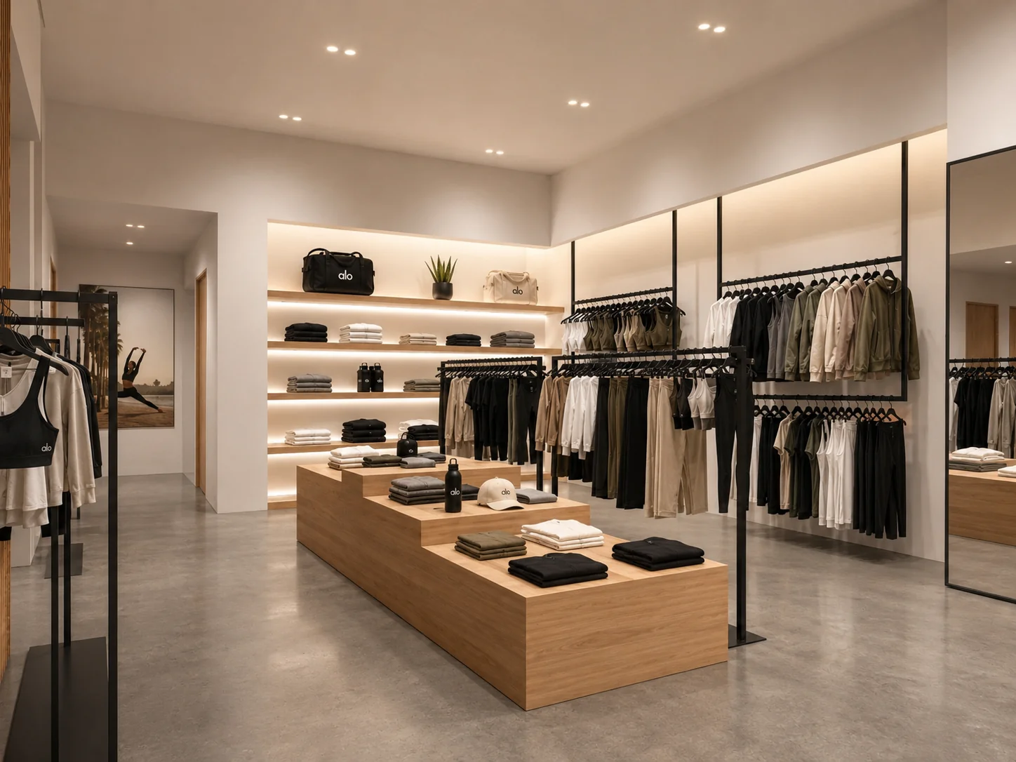Alo Stanford Sales Floor. Alo, Stanford Shopping Center. Interior design by HAR Design Studio, 3D visualization by Rendimension.