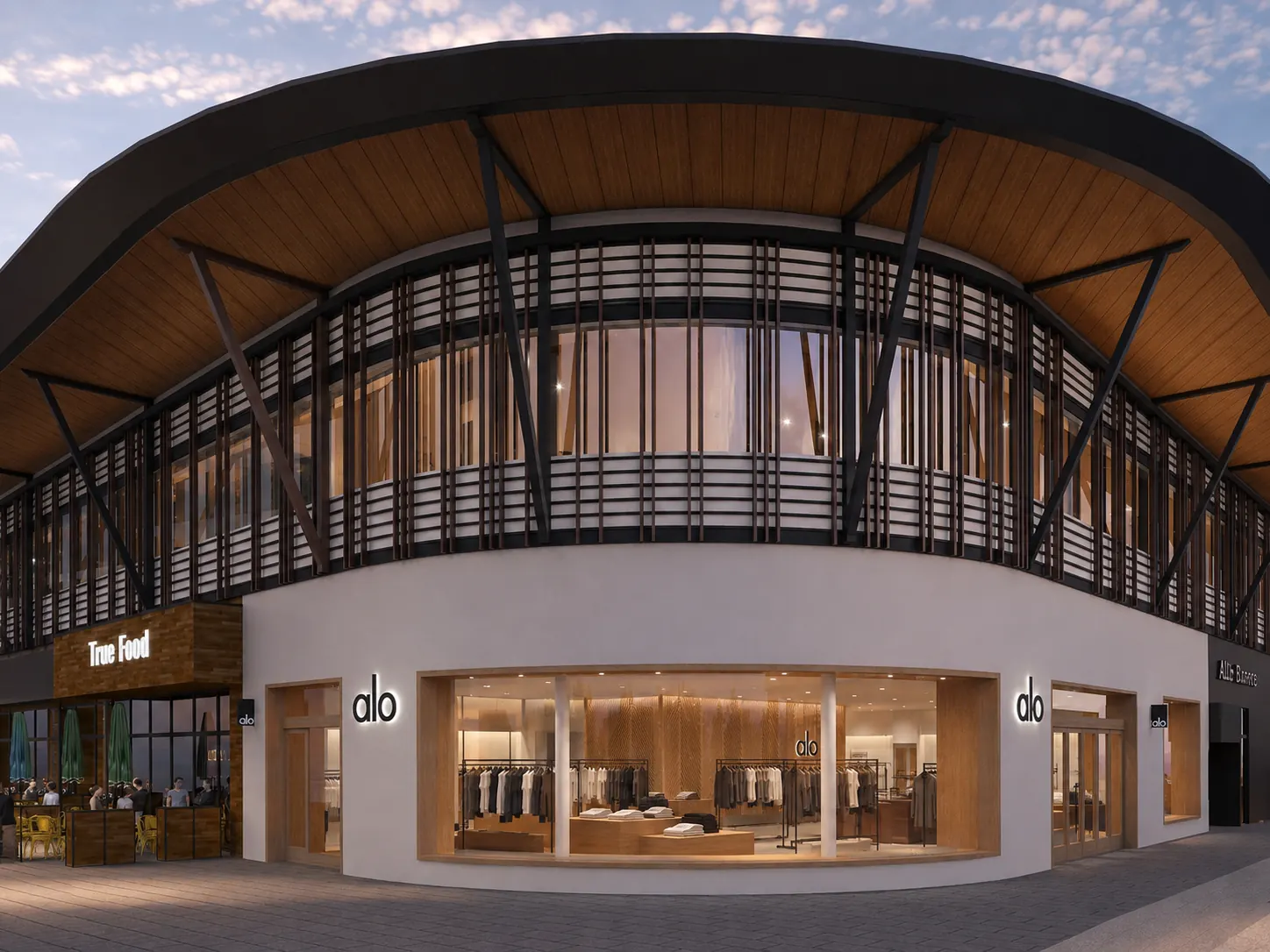 Alo Stanford Storefront Dusk. Alo, Stanford Shopping Center. Interior design by HAR Design Studio, 3D visualization by Rendimension.