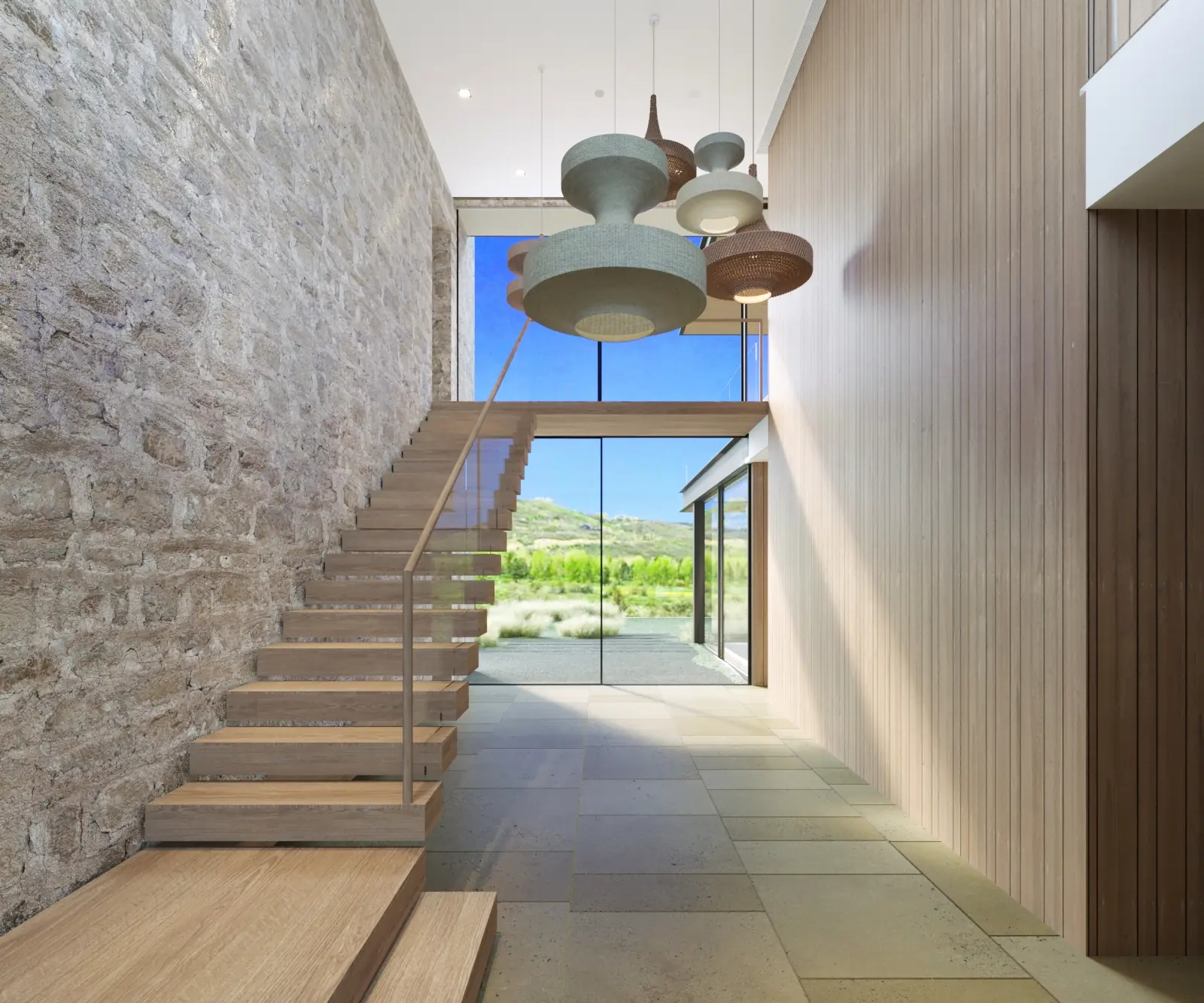 Entry Floating Stair. Aspen Lodge. Interior design by HAR Design Studio, 3D visualization by Rendimension.