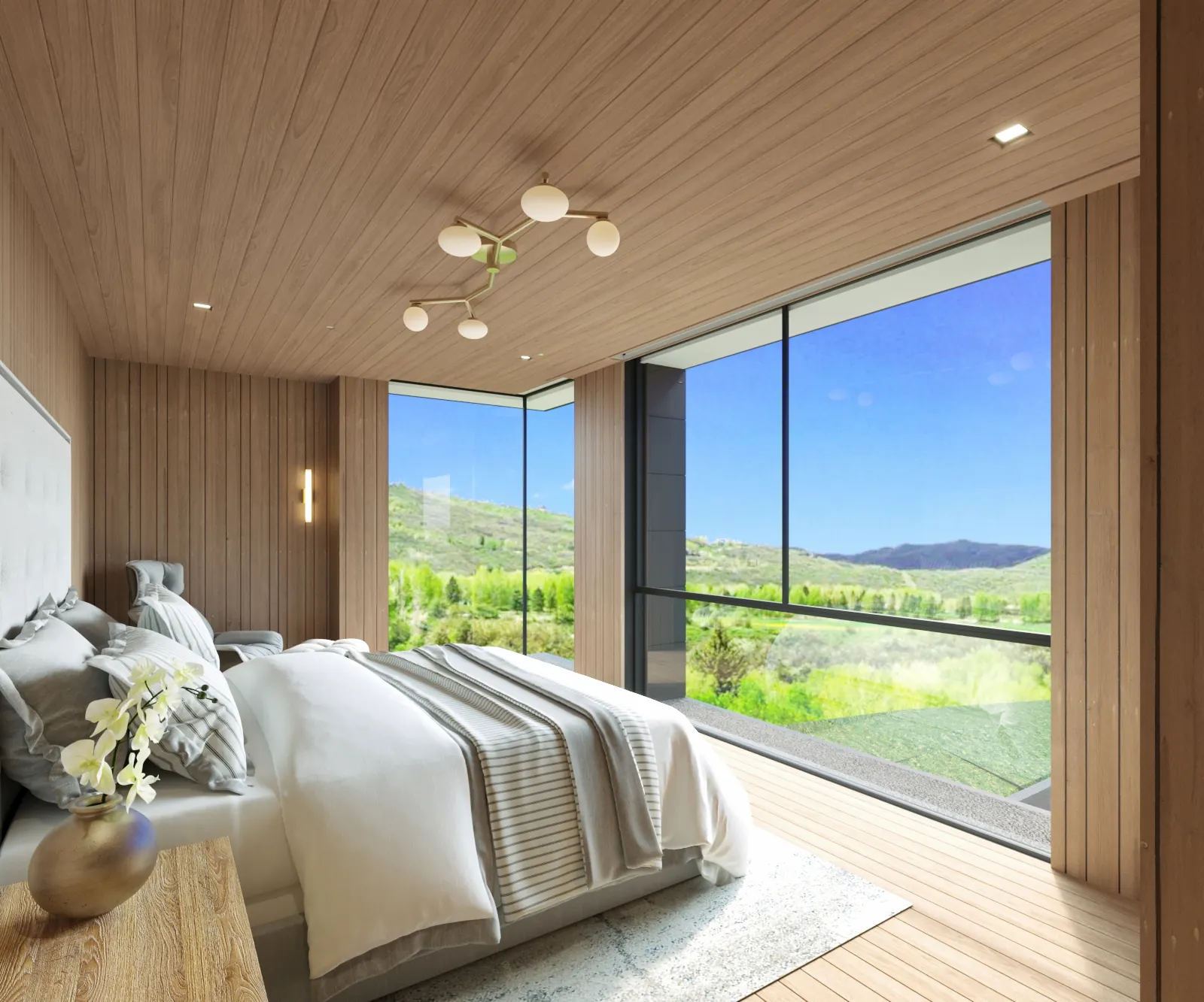 Primary Bedroom. Aspen Lodge. Interior design by HAR Design Studio, 3D visualization by Rendimension.
