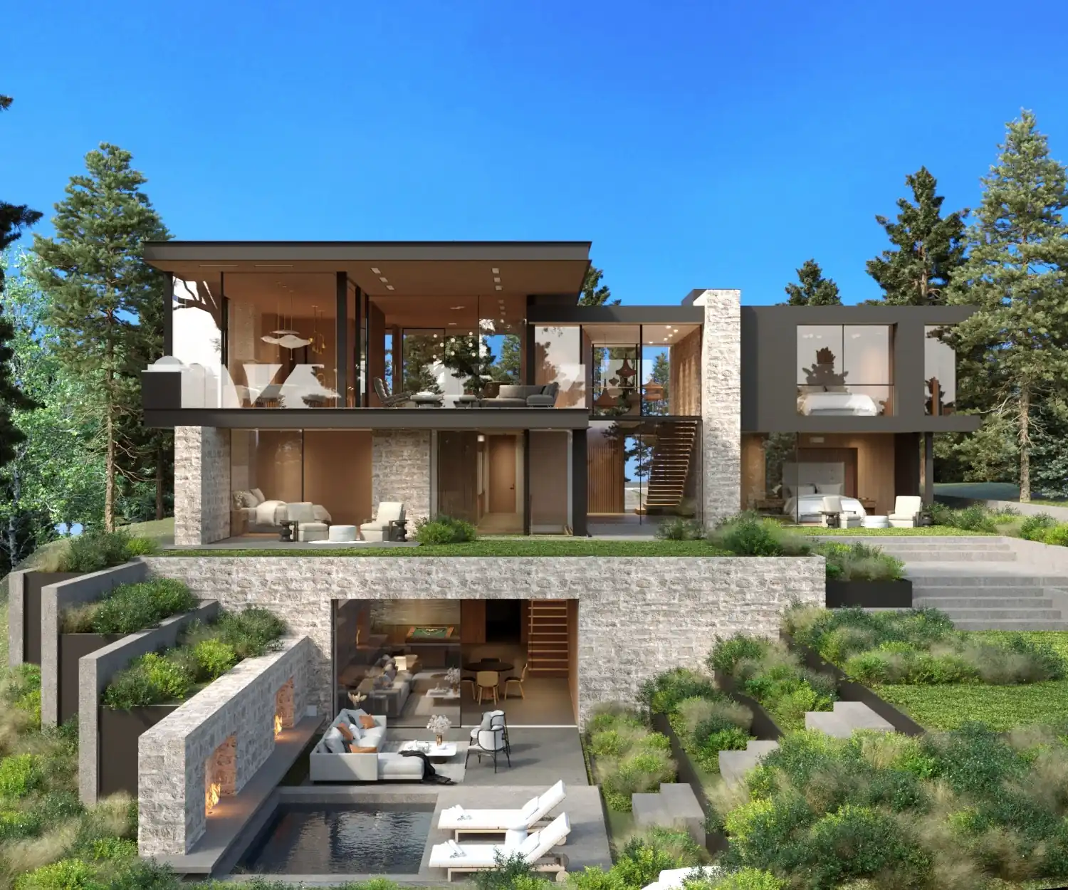 Rear Exterior. Aspen Lodge. Interior design by HAR Design Studio, 3D visualization by Rendimension.