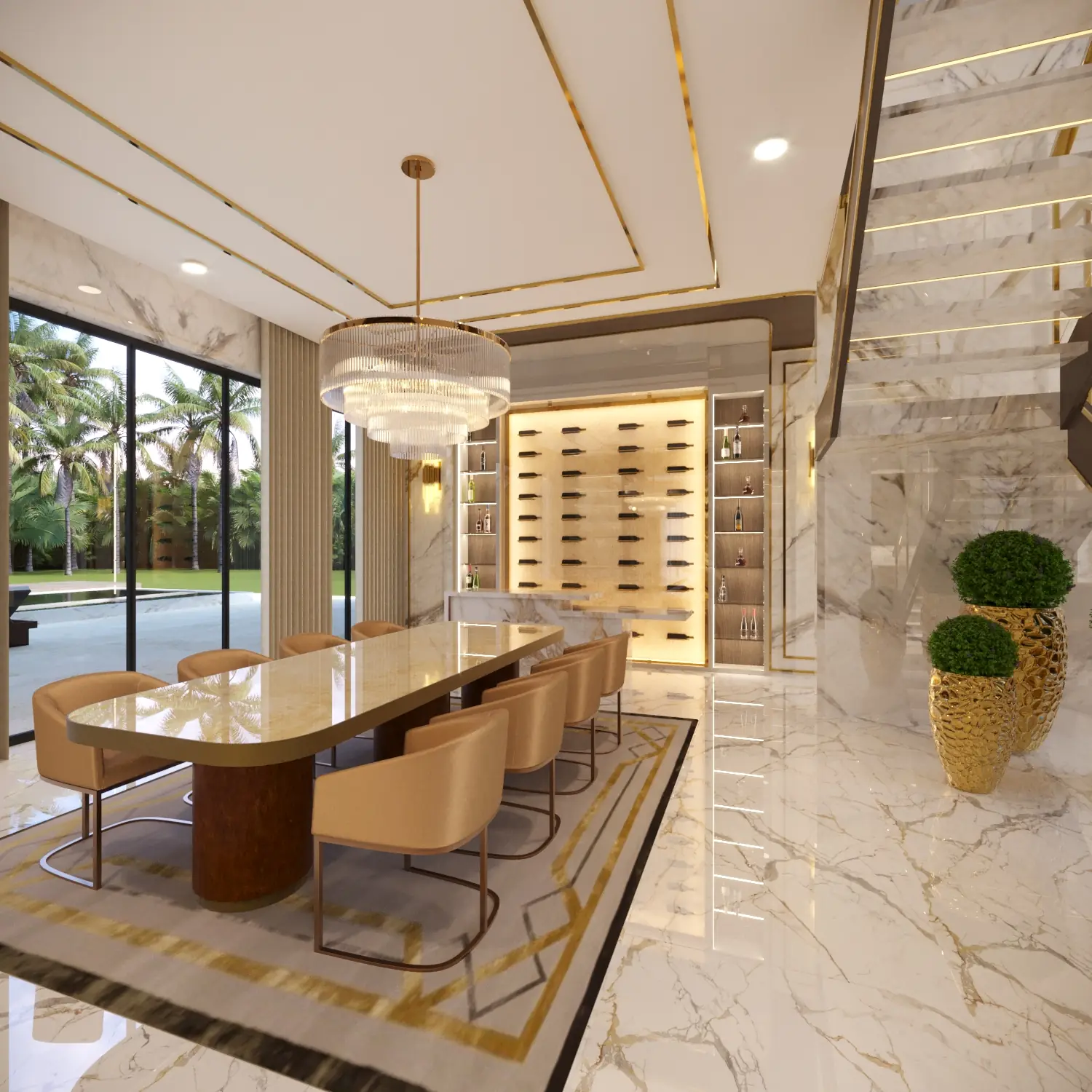 Travertine Court Dining Room 02. Balla Residence. Interior design by HAR Design Studio, 3D visualization by Rendimension.