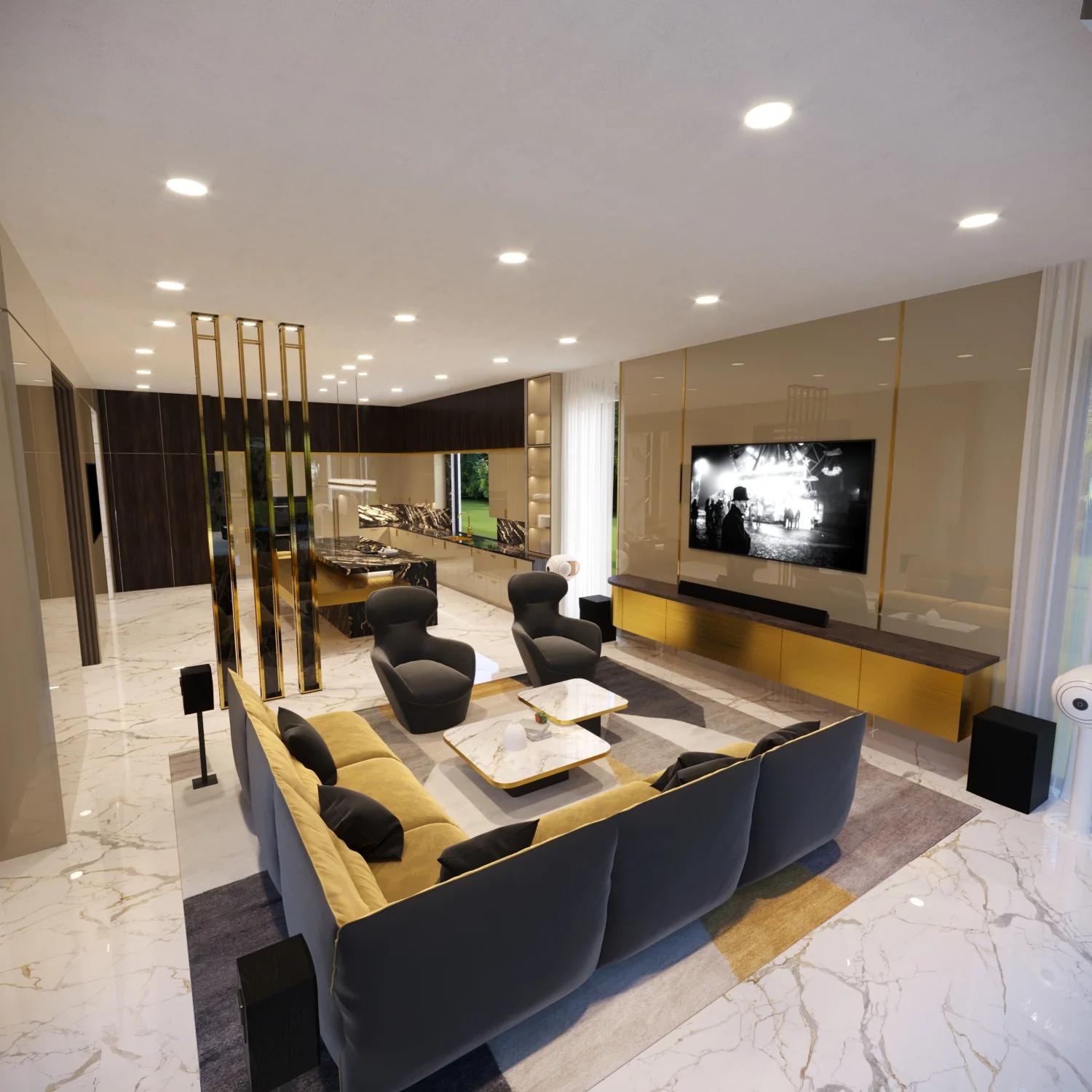 Travertine Court Family Room 02. Balla Residence. Interior design by HAR Design Studio, 3D visualization by Rendimension.