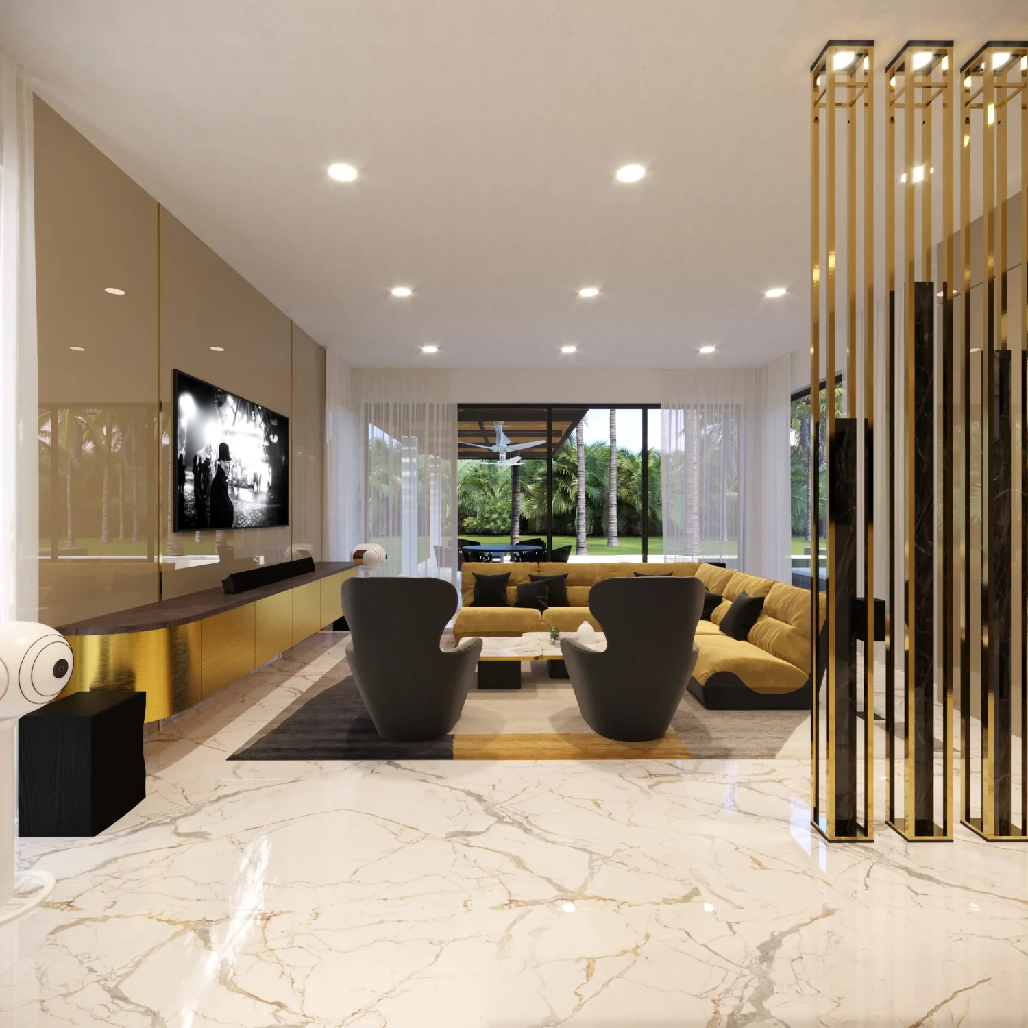 Travertine Court Family Room. Balla Residence. Interior design by HAR Design Studio, 3D visualization by Rendimension.