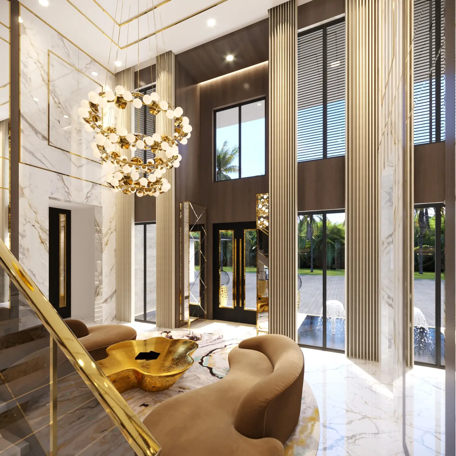 Travertine Court Living Room 04. Balla Residence. Interior design by HAR Design Studio, 3D visualization by Rendimension.