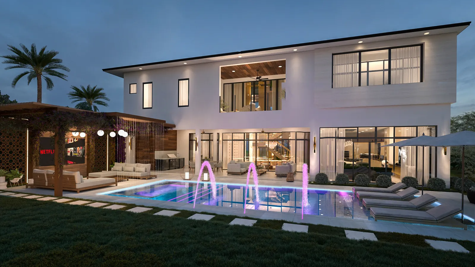 Travertine Court Pool At Night. Balla Residence. Interior design by HAR Design Studio, 3D visualization by Rendimension.