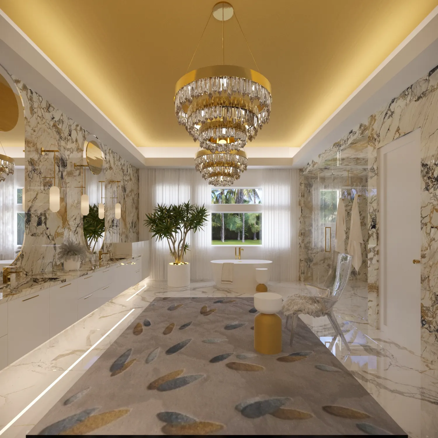 Travertine Court Primary Bathroom. Balla Residence. Interior design by HAR Design Studio, 3D visualization by Rendimension.