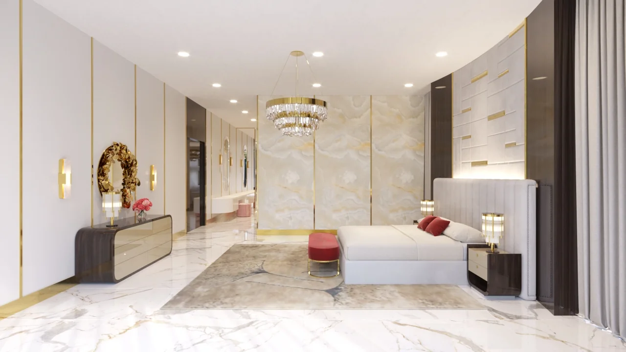 Travertine Court Primary Bedroom. Balla Residence. Interior design by HAR Design Studio, 3D visualization by Rendimension.
