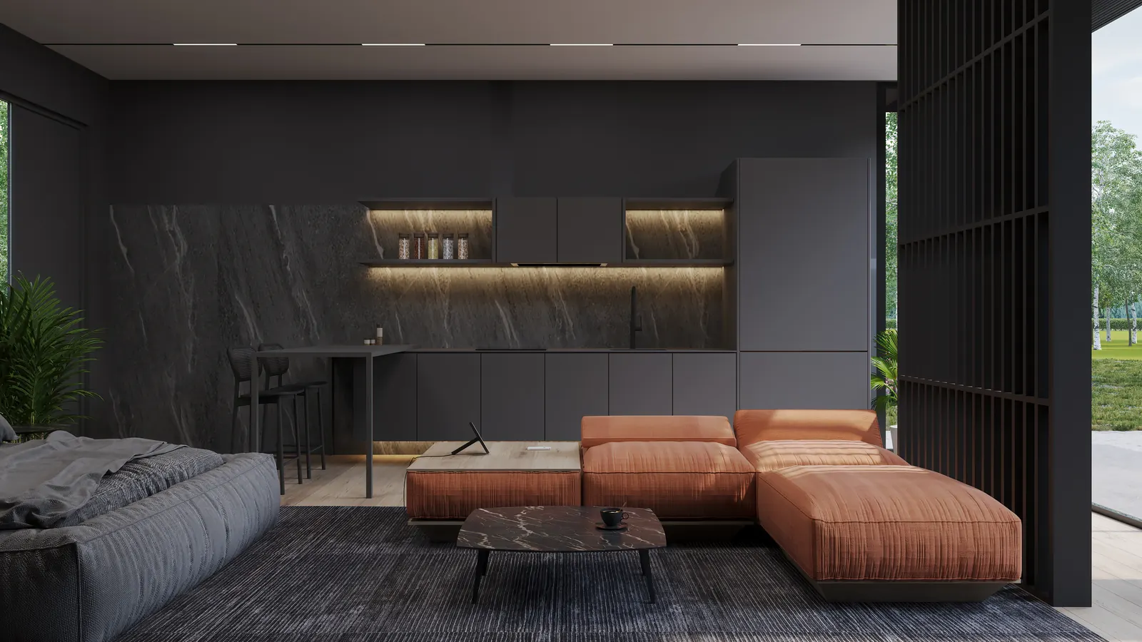 Kitchenette Living. Birch Grove Pavilion. Interior design by HAR Design Studio, 3D visualization by Rendimension.