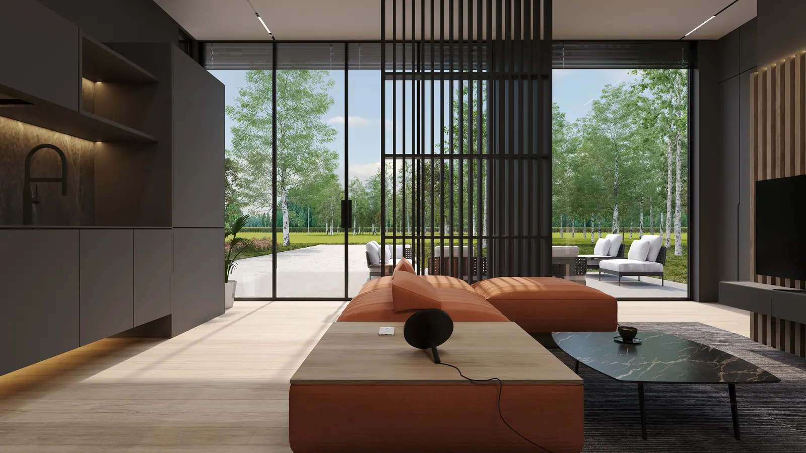 Living Screen Terrace. Birch Grove Pavilion. Interior design by HAR Design Studio, 3D visualization by Rendimension.