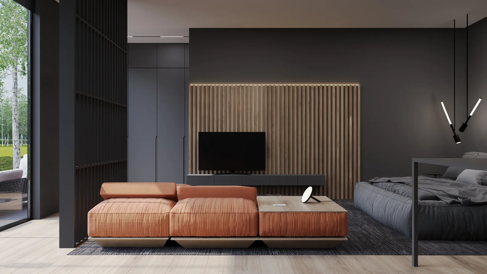 Living Slat Wall. Birch Grove Pavilion. Interior design by HAR Design Studio, 3D visualization by Rendimension.