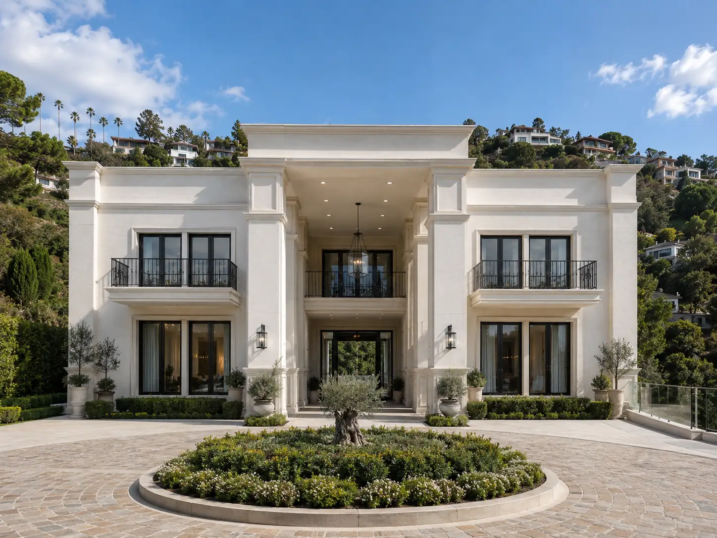 Colonnade House Entry Motor Court. Blue Jay Way. Interior design by HAR Design Studio, 3D visualization by Rendimension.