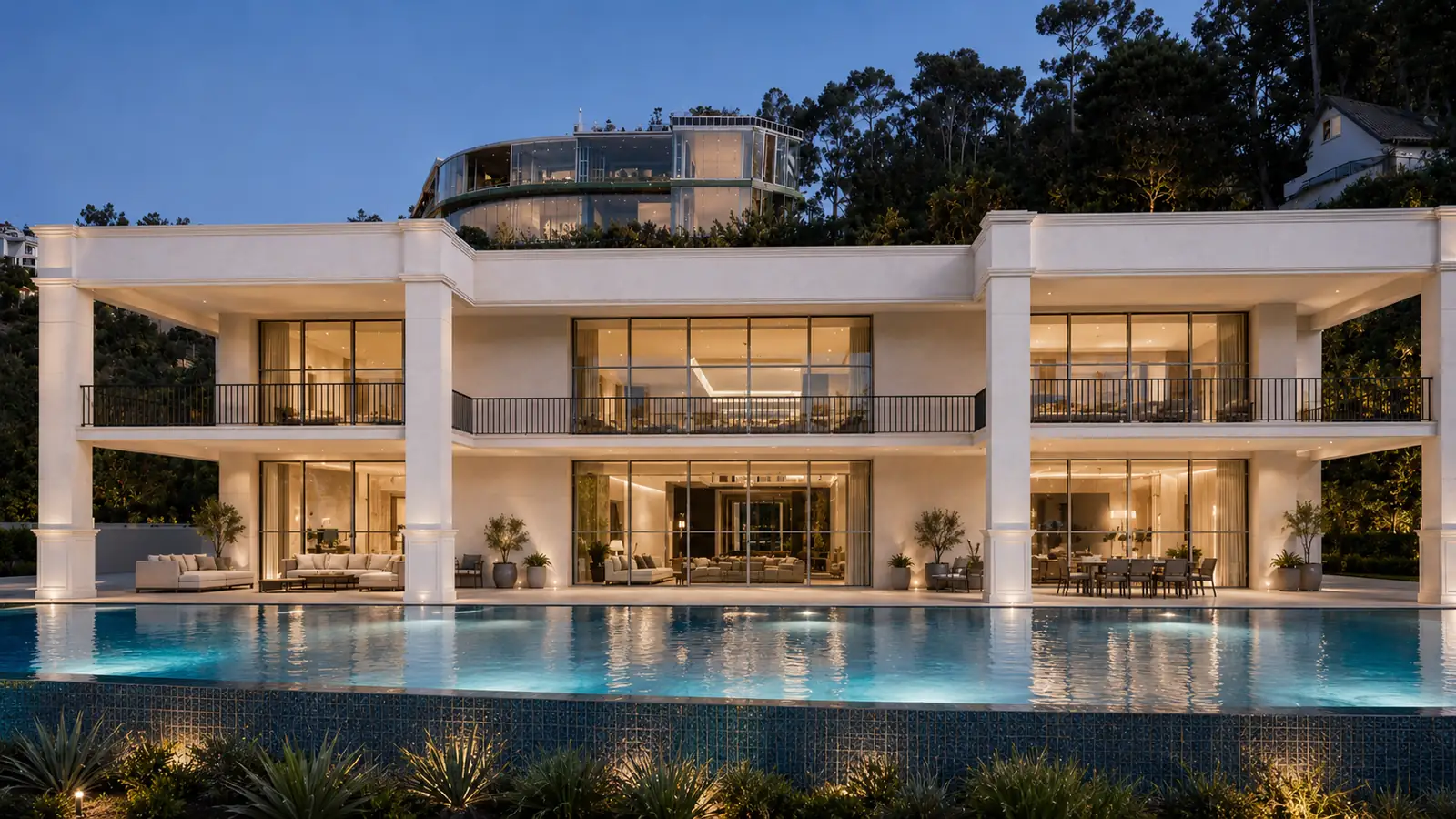 Colonnade House Rear Infinity Pool Dusk. Blue Jay Way. Interior design by HAR Design Studio, 3D visualization by Rendimension.