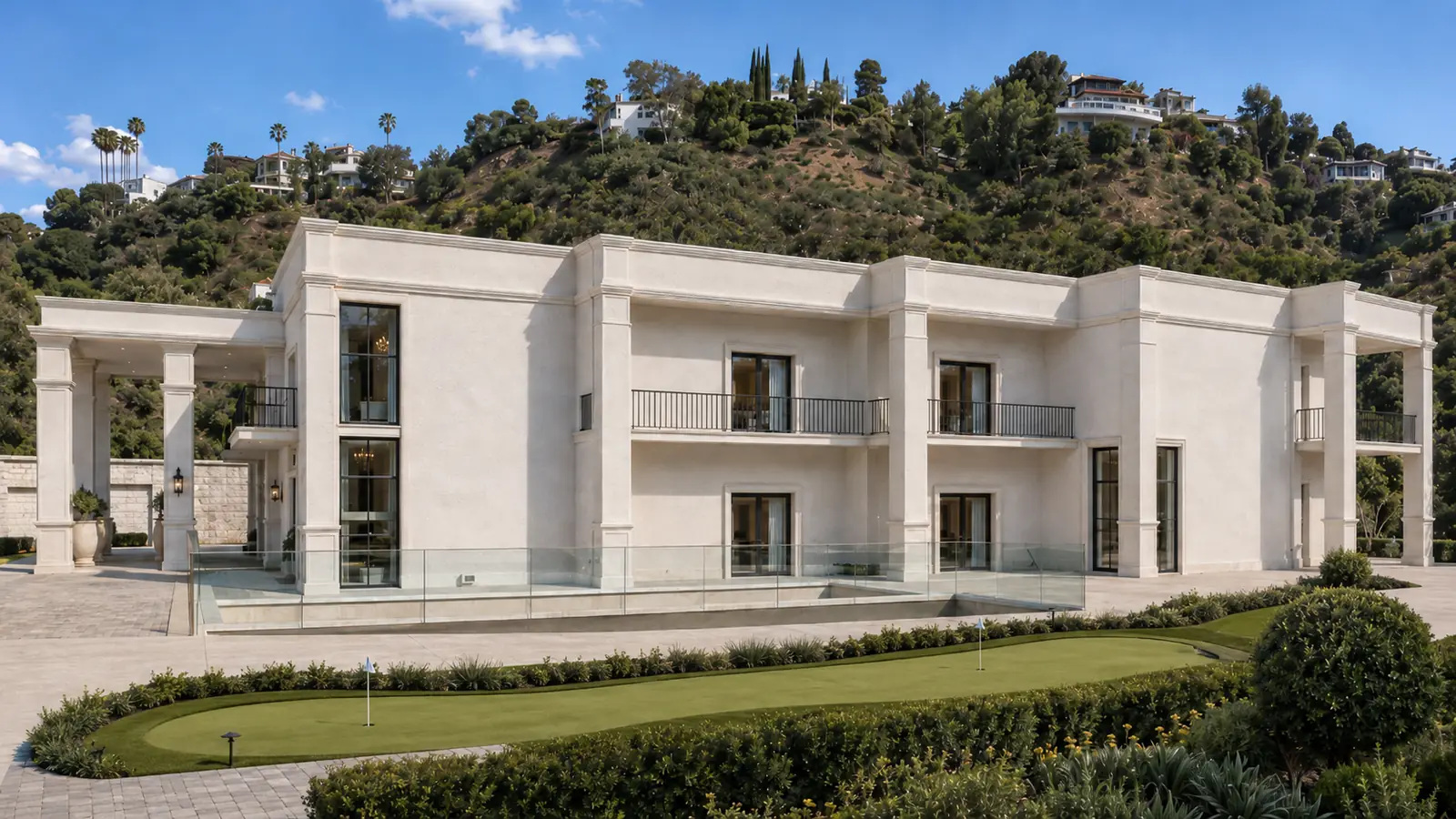 Colonnade House Side Elevation Lawn. Blue Jay Way. Interior design by HAR Design Studio, 3D visualization by Rendimension.