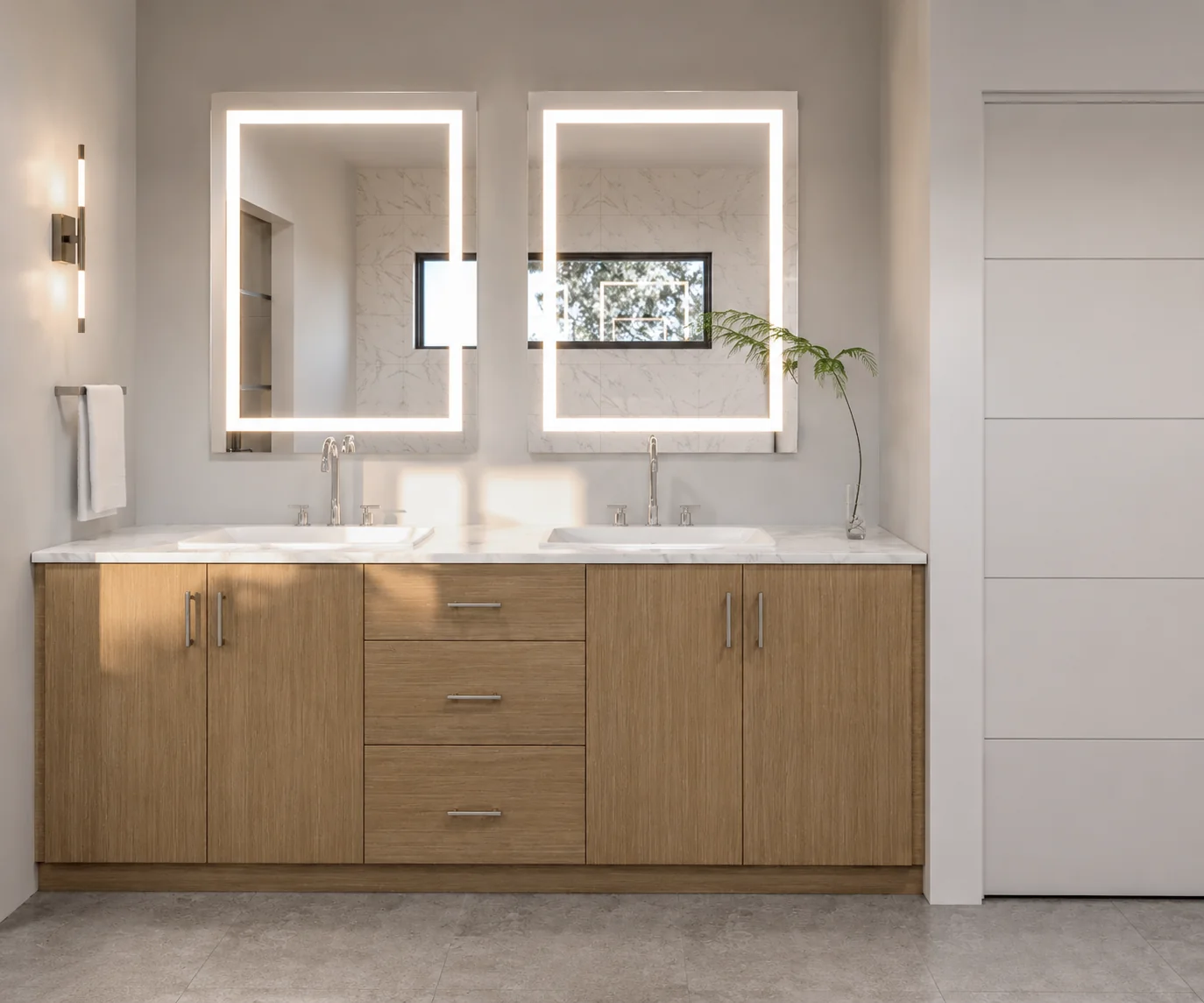 Primary Bathroom Vanity. Colorado Model Home. Interior design by HAR Design Studio, 3D visualization by Rendimension.