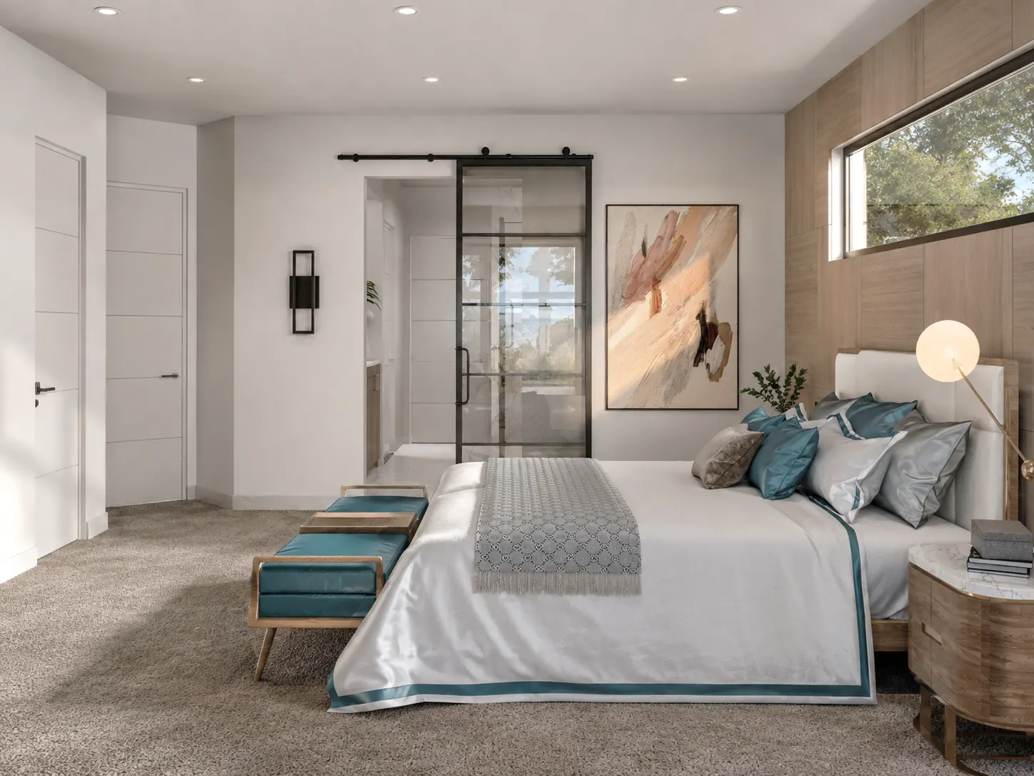 Primary Bedroom. Colorado Model Home. Interior design by HAR Design Studio, 3D visualization by Rendimension.