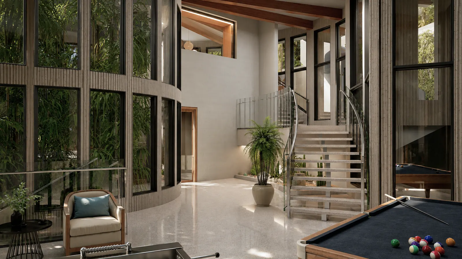 Atrium Stair Game Room. The Helix House. Interior design by HAR Design Studio, 3D visualization by Rendimension.