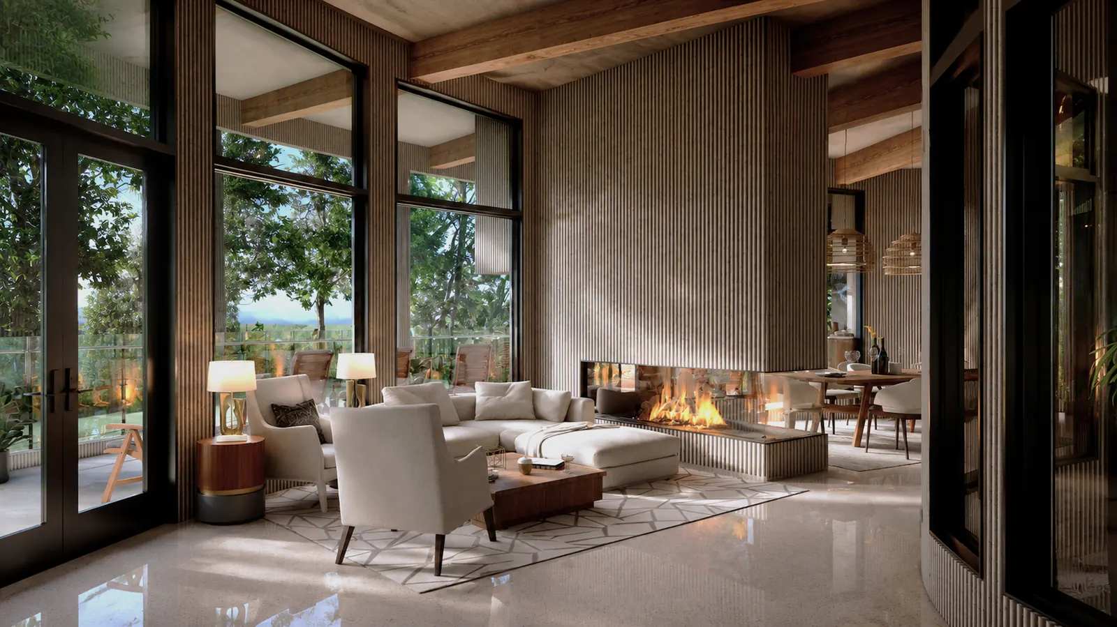 Living Room Fireplace. The Helix House. Interior design by HAR Design Studio, 3D visualization by Rendimension.