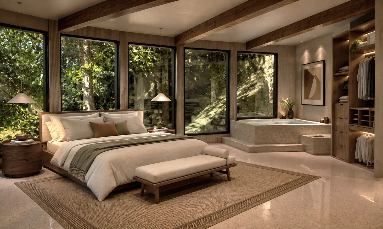 Primary Bedroom Hot Tub. The Helix House. Interior design by HAR Design Studio, 3D visualization by Rendimension.