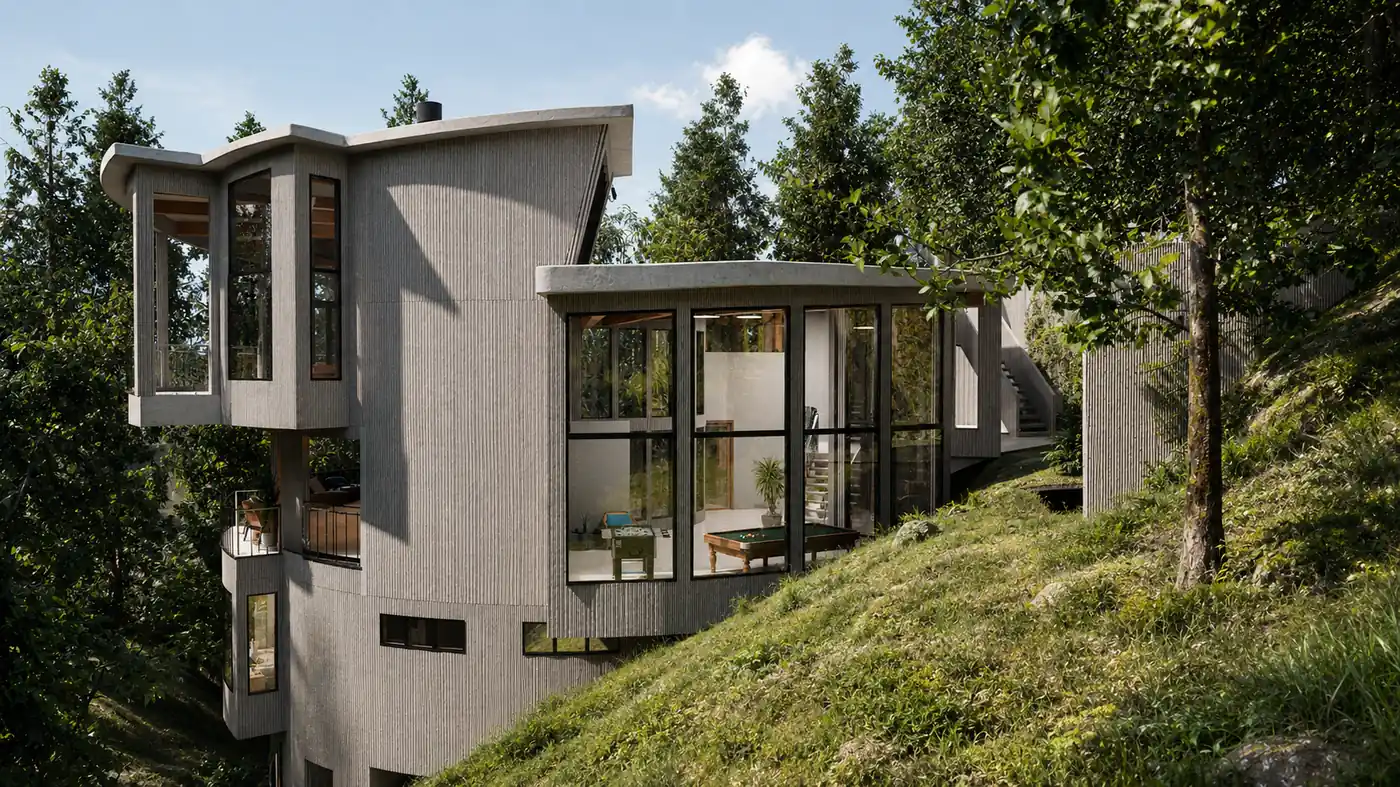 Side Elevation Hillside. The Helix House. Interior design by HAR Design Studio, 3D visualization by Rendimension.