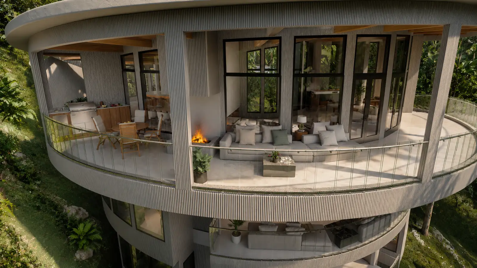 Terrace Living Aerial. The Helix House. Interior design by HAR Design Studio, 3D visualization by Rendimension.