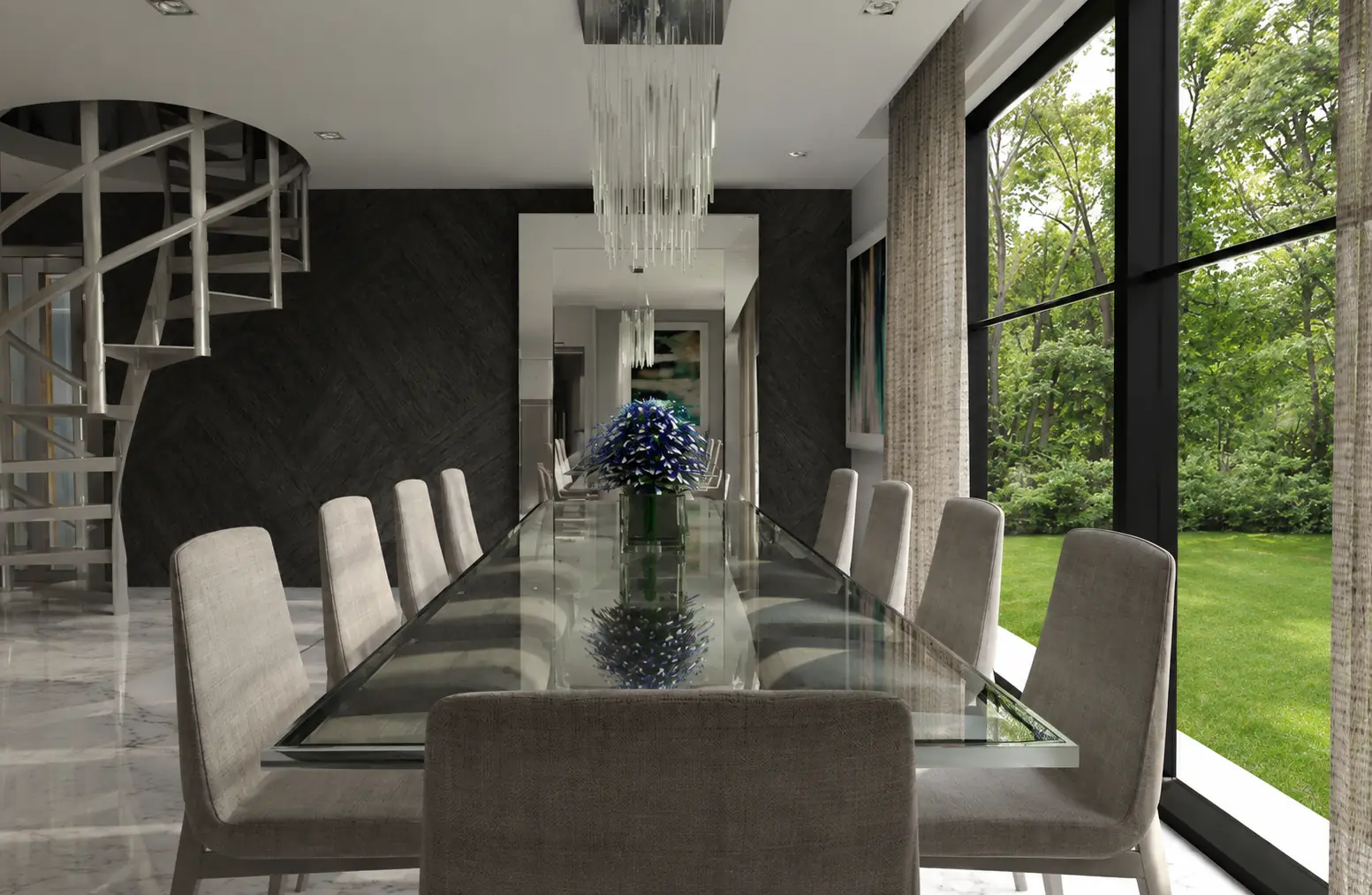 Carrara House Dining Room Spiral Stair. The Carrara House. Interior design by HAR Design Studio, 3D visualization by Rendimension.