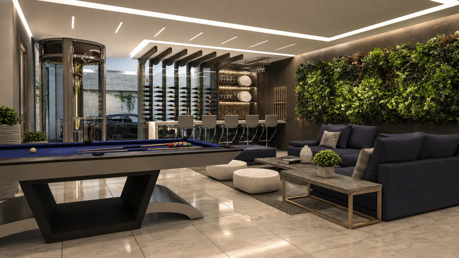 Carrara House Game Room Wine Bar. The Carrara House. Interior design by HAR Design Studio, 3D visualization by Rendimension.