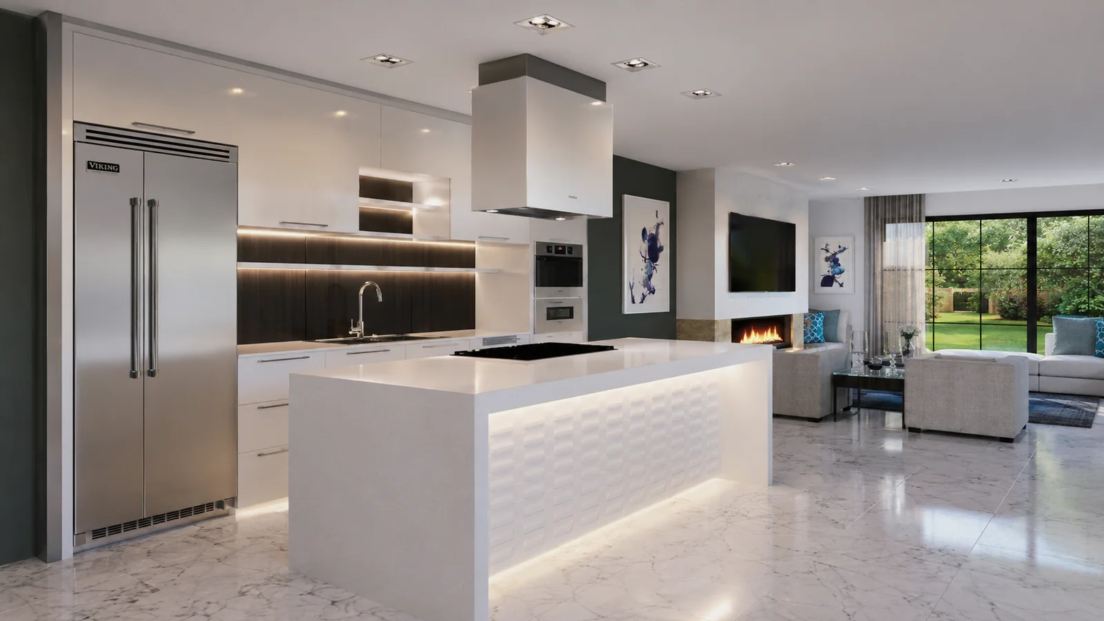 Carrara House Kitchen Family Room. The Carrara House. Interior design by HAR Design Studio, 3D visualization by Rendimension.