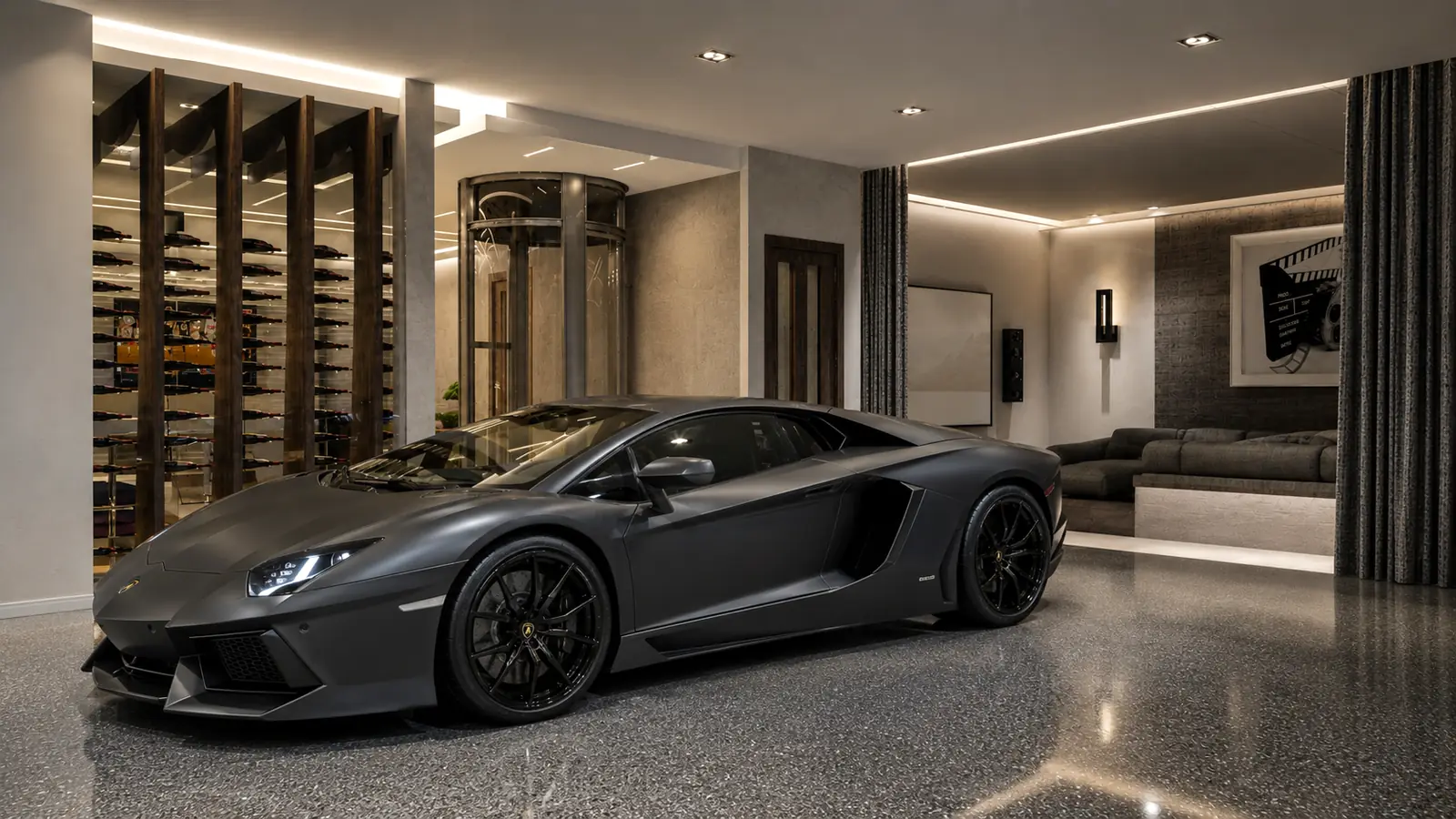 Carrara House Showroom Garage Wine Wall. The Carrara House. Interior design by HAR Design Studio, 3D visualization by Rendimension.