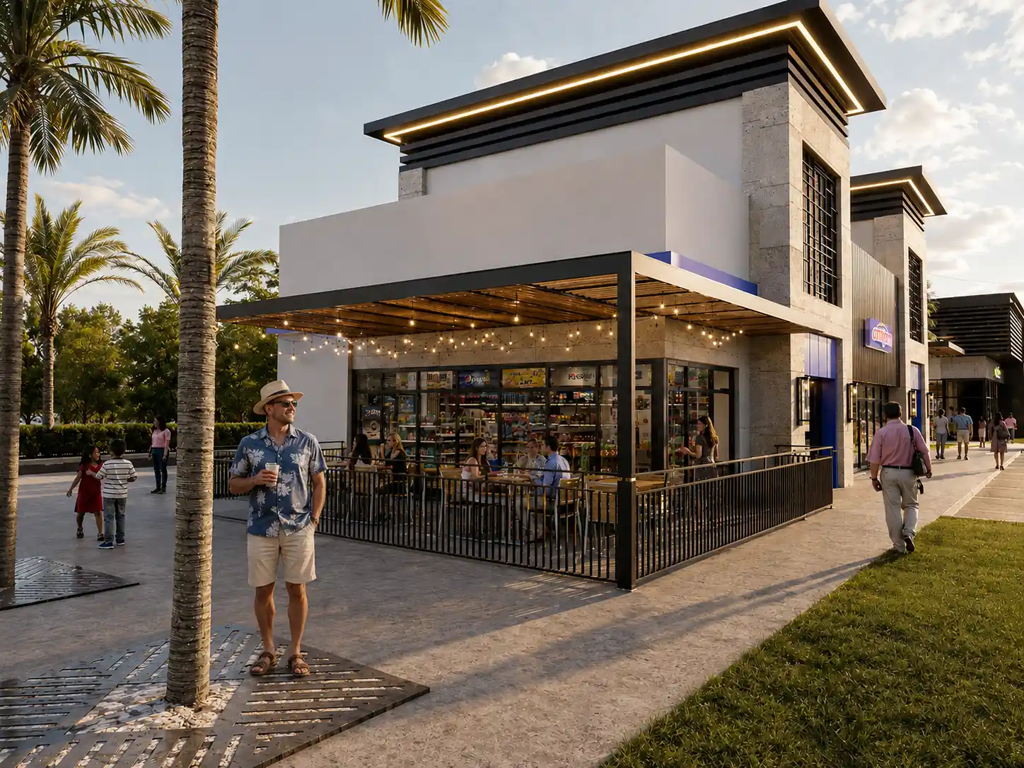 New Harbour Mall Cafe Terrace Sunset. New Harbour Commercial Mall, Montego Bay. Interior design by HAR Design Studio, 3D visualization by Rendimension.