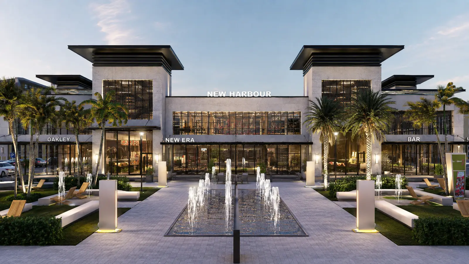 New Harbour Mall Front Plaza Dusk. New Harbour Commercial Mall, Montego Bay. Interior design by HAR Design Studio, 3D visualization by Rendimension.