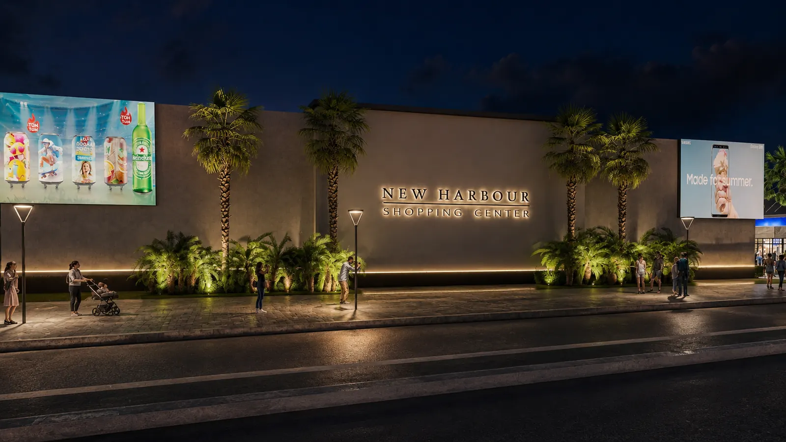 New Harbour Mall Signage Wall Night. New Harbour Commercial Mall, Montego Bay. Interior design by HAR Design Studio, 3D visualization by Rendimension.