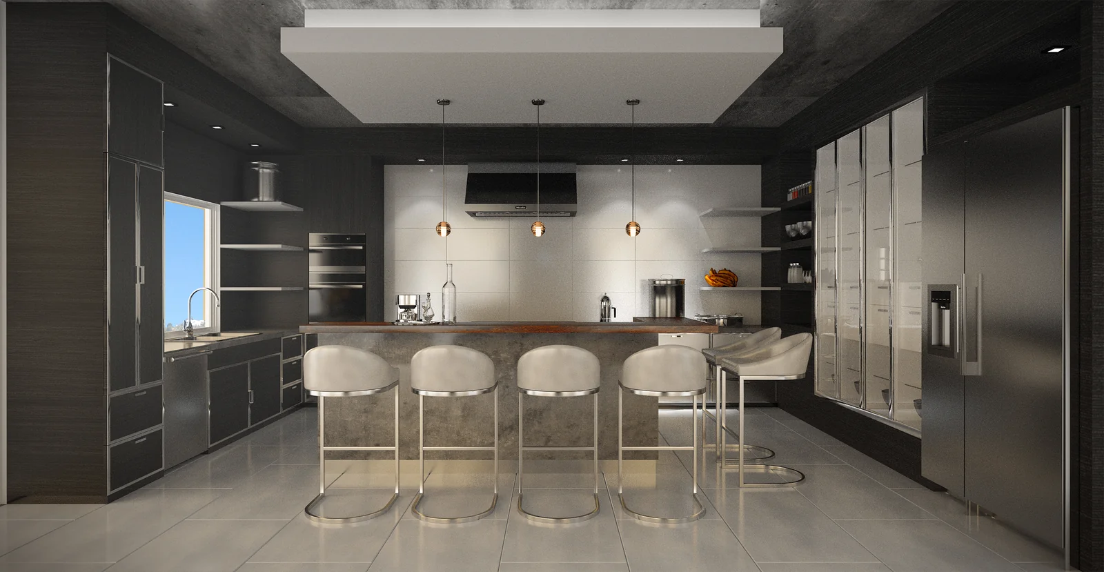 View 03. Open Kitchen and Dining. Interior design by HAR Design Studio, 3D visualization by Rendimension.