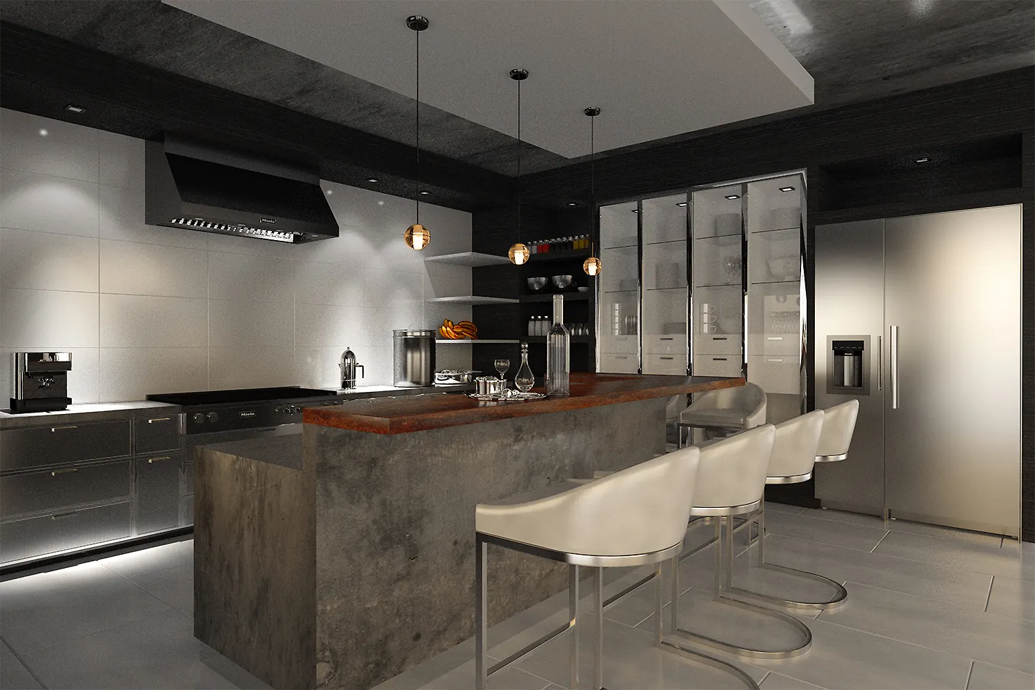 View 04. Open Kitchen and Dining. Interior design by HAR Design Studio, 3D visualization by Rendimension.