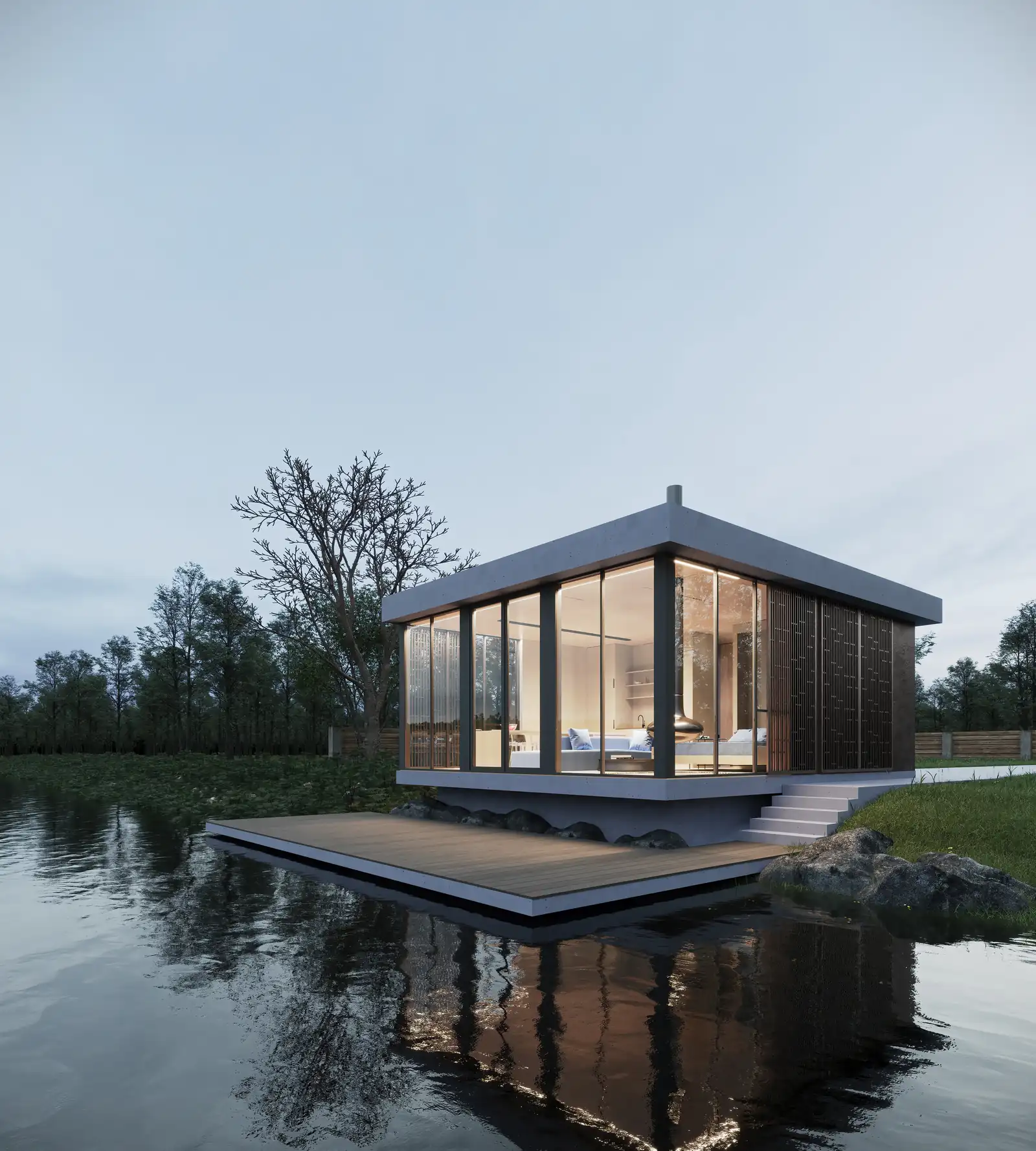 Lakeside Cabin Glass Corner Dusk. Saiga. Interior design by HAR Design Studio, 3D visualization by Rendimension.