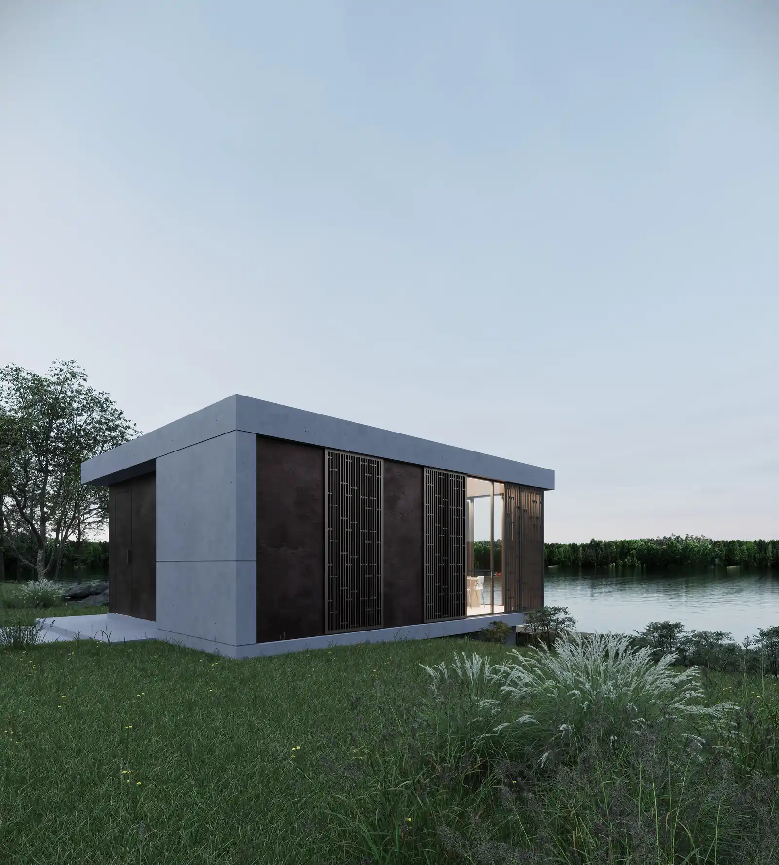 Lakeside Cabin Lattice Elevation. Saiga. Interior design by HAR Design Studio, 3D visualization by Rendimension.