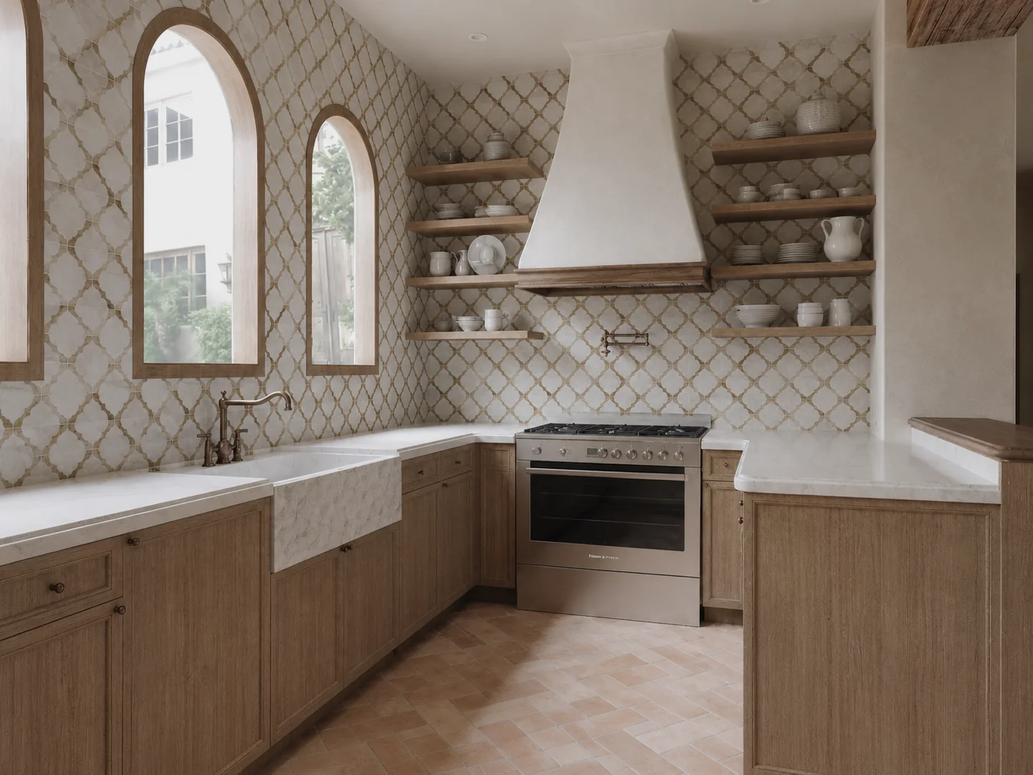 Arabesque House Kitchen Arched Windows. The Arabesque House. Interior design by HAR Design Studio, 3D visualization by Rendimension.