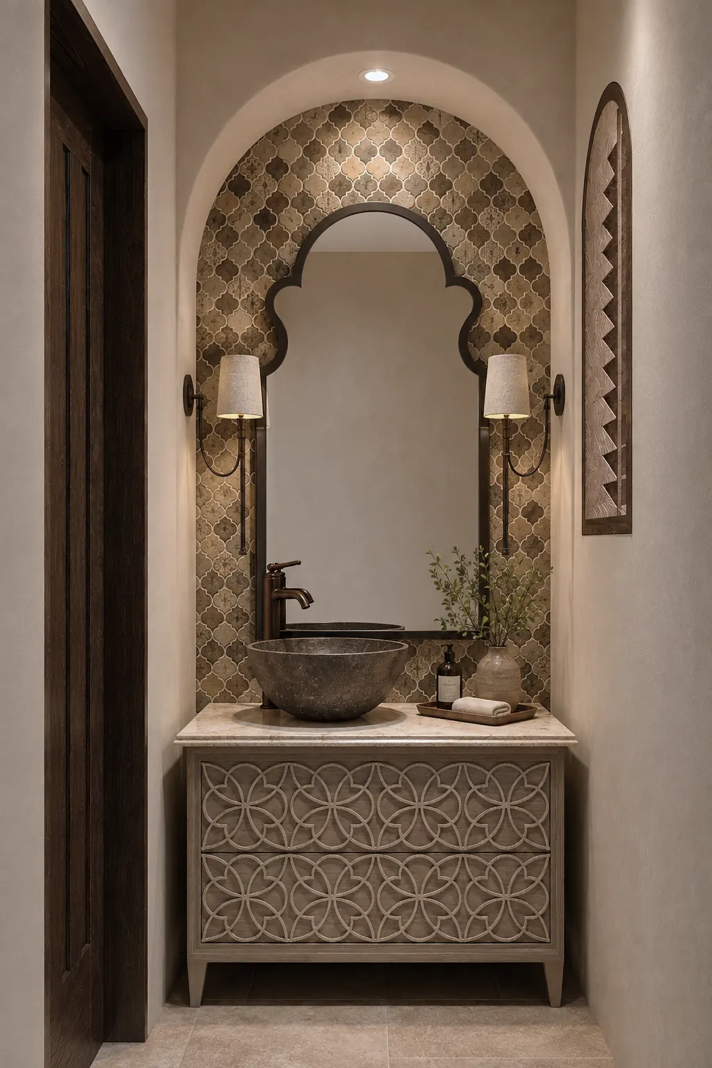 Arabesque House Powder Room Arched Niche. The Arabesque House. Interior design by HAR Design Studio, 3D visualization by Rendimension.