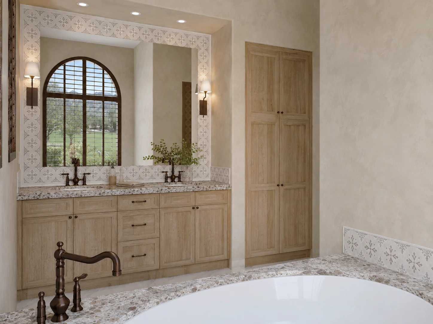 Arabesque House Primary Bathroom Double Vanity. The Arabesque House. Interior design by HAR Design Studio, 3D visualization by Rendimension.