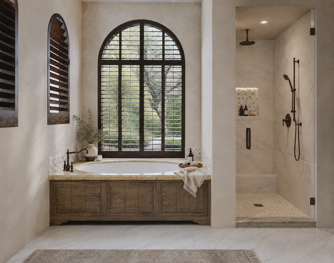 Arabesque House Primary Bathroom Tub Shower. The Arabesque House. Interior design by HAR Design Studio, 3D visualization by Rendimension.
