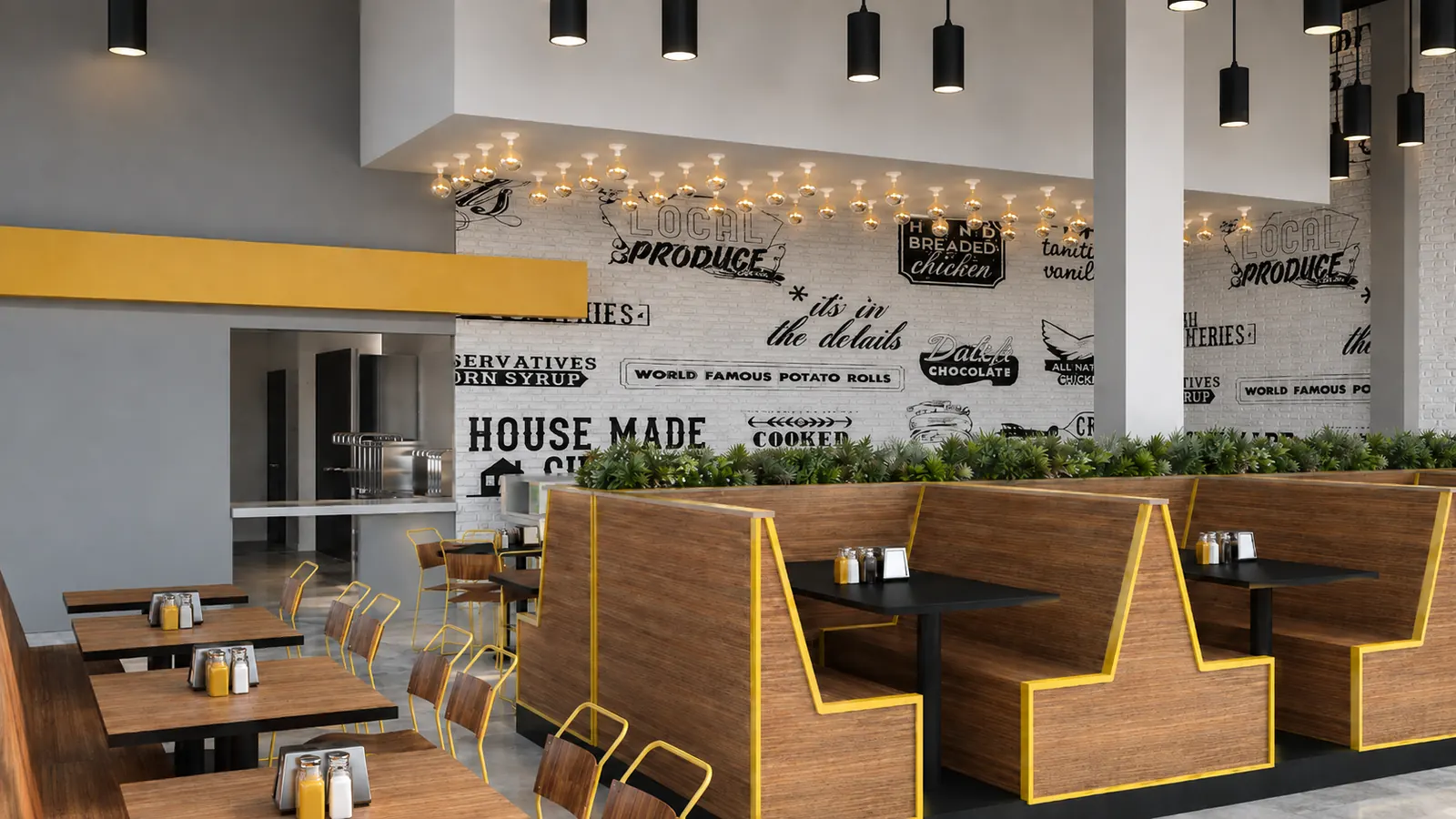 Superchix Dining Room Graphic Wall. Superchix, Dallas. Interior design by HAR Design Studio, 3D visualization by Rendimension.
