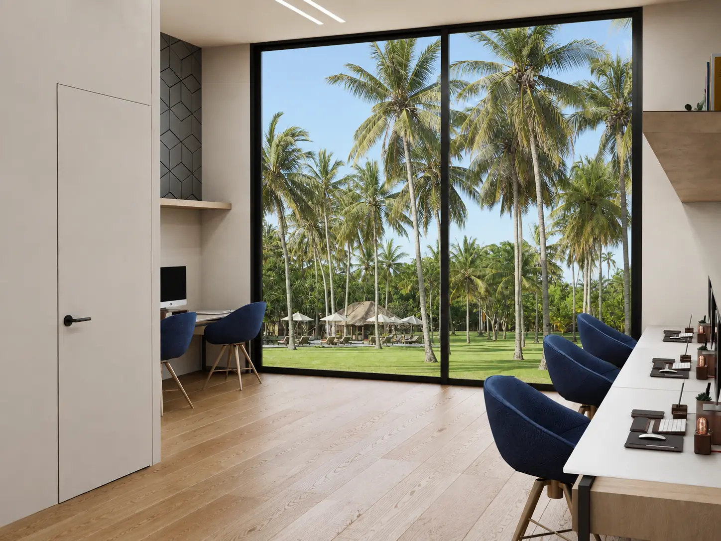 Yacht Haven Business Center Window Wall. Yacht Haven Amenity Building. Interior design by HAR Design Studio, 3D visualization by Rendimension.