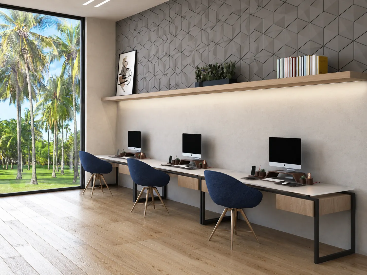 Yacht Haven Business Center Workstations. Yacht Haven Amenity Building. Interior design by HAR Design Studio, 3D visualization by Rendimension.