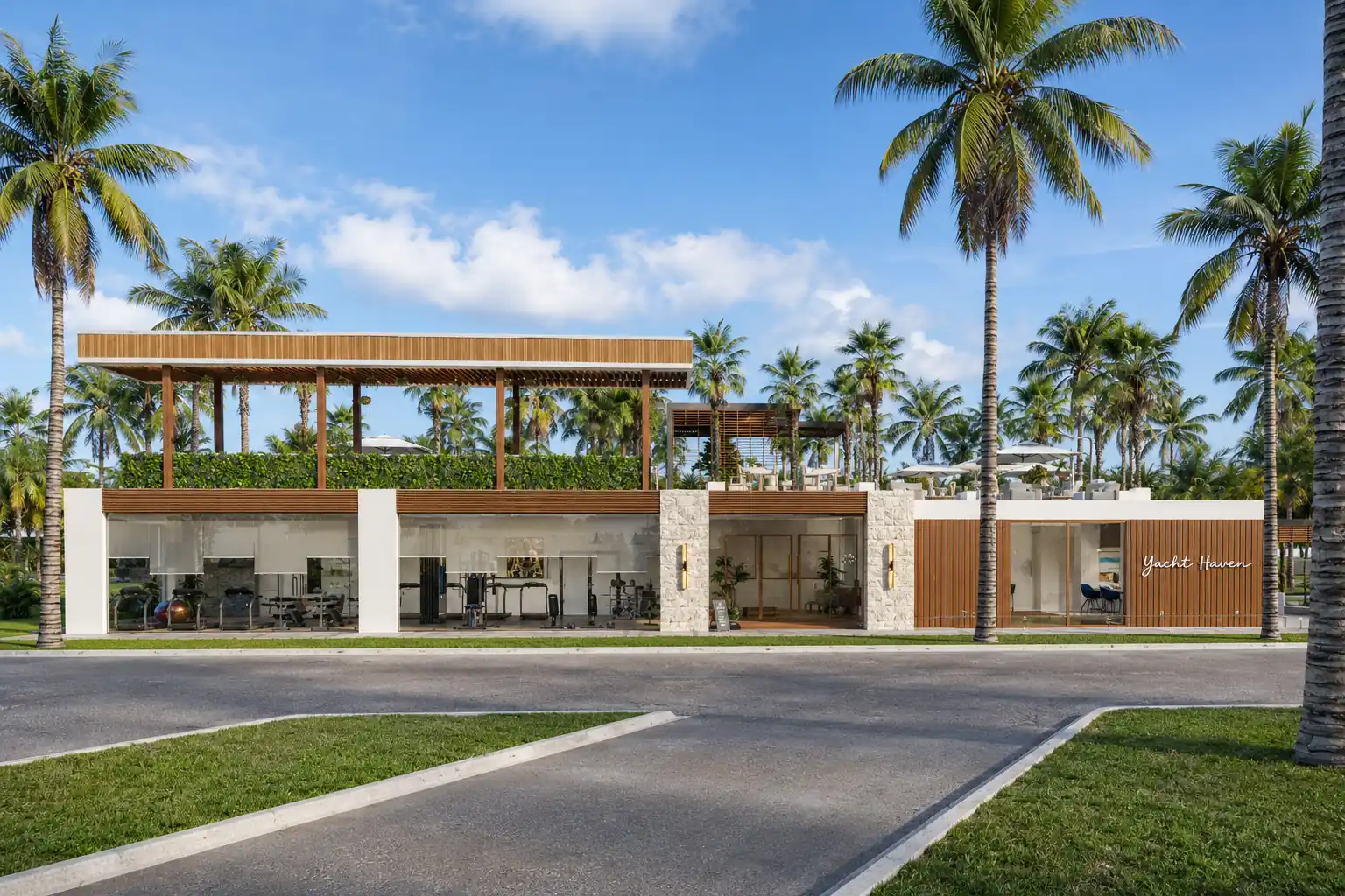 Yacht Haven Clubhouse Street Facade. Yacht Haven Amenity Building. Interior design by HAR Design Studio, 3D visualization by Rendimension.