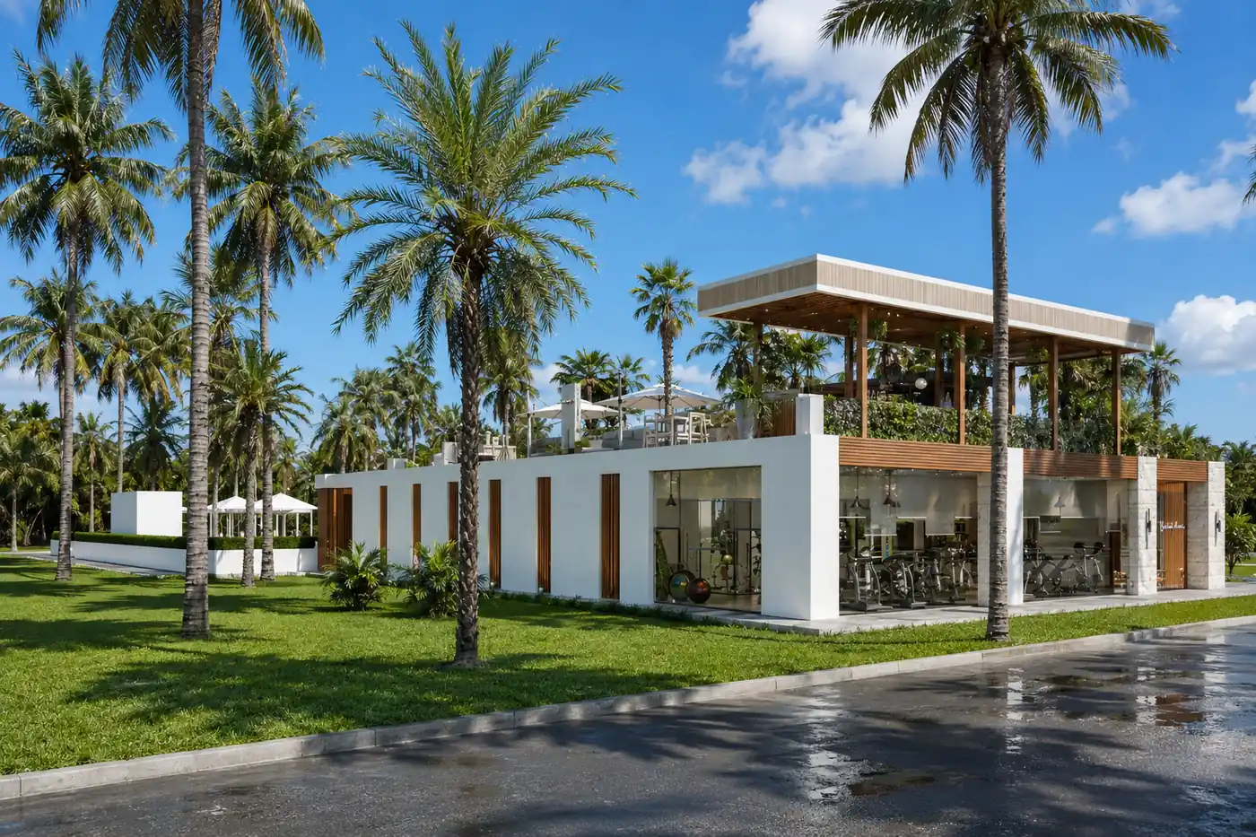 Yacht Haven Fitness Facade. Yacht Haven Amenity Building. Interior design by HAR Design Studio, 3D visualization by Rendimension.