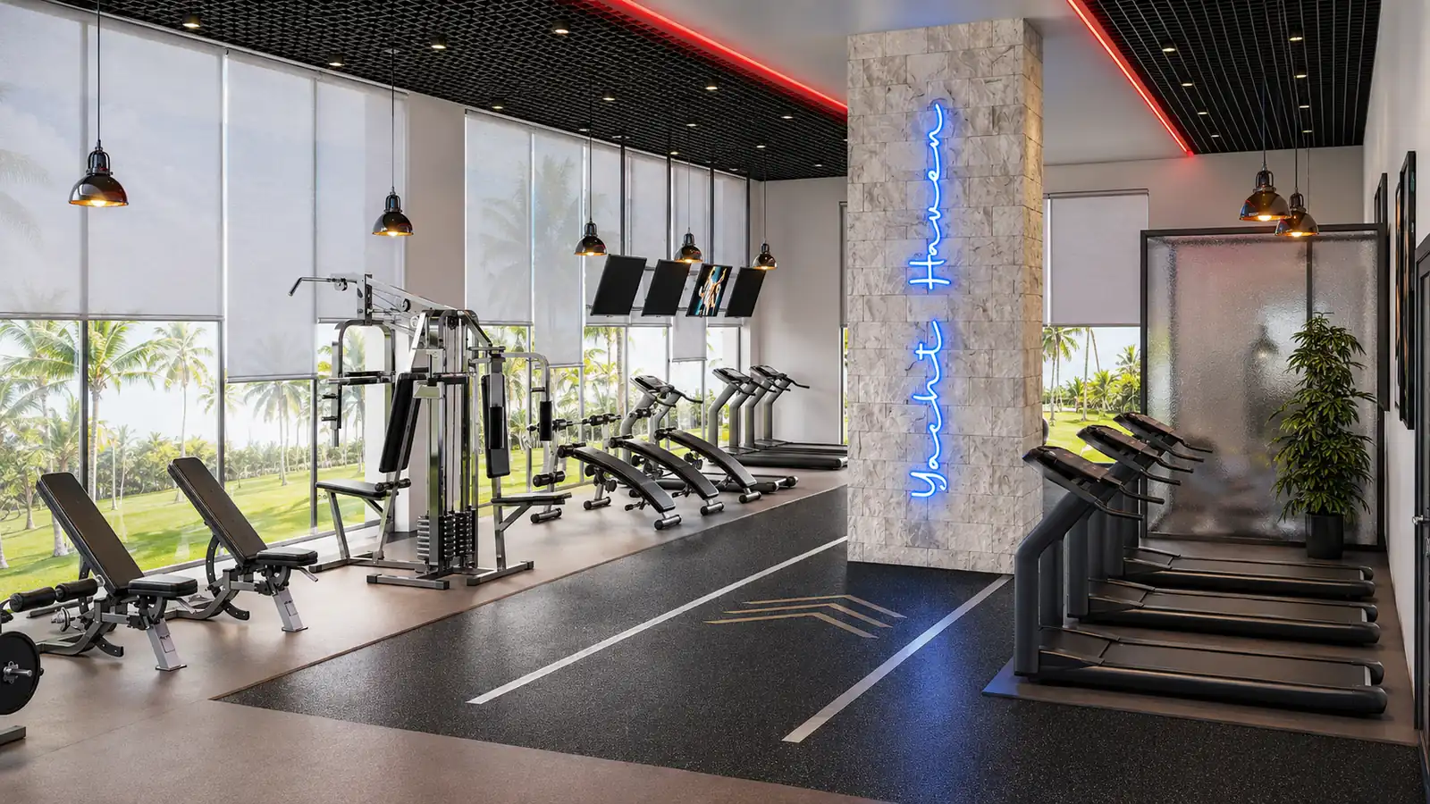 Yacht Haven Fitness Interior. Yacht Haven Amenity Building. Interior design by HAR Design Studio, 3D visualization by Rendimension.