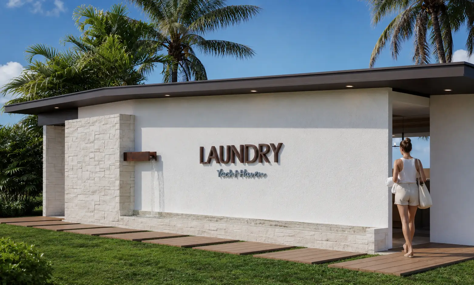 Yacht Haven Laundry Facade. Yacht Haven Amenity Building. Interior design by HAR Design Studio, 3D visualization by Rendimension.