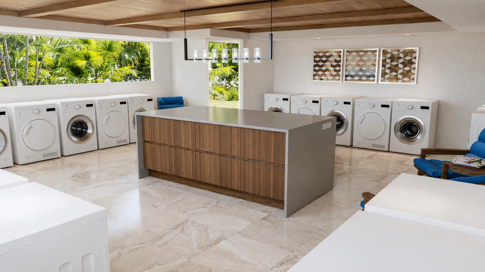 Yacht Haven Laundry Interior. Yacht Haven Amenity Building. Interior design by HAR Design Studio, 3D visualization by Rendimension.