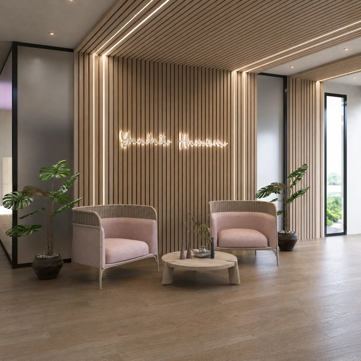 Yacht Haven Lobby Reception. Yacht Haven Amenity Building. Interior design by HAR Design Studio, 3D visualization by Rendimension.